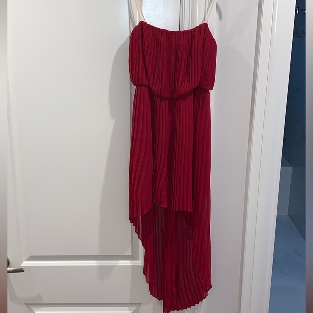 BCBGeneration | Pleated High Low Strapless Evening Dress | Small | Red